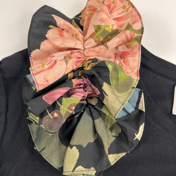 Eugenia Fernandez Floral Ruffle Shoulder Black Statement T-Shirt  Size S - Picture 7 of 10